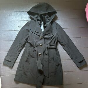 London fog trench coat hooded rain coat purple lined gold buttons petite XS